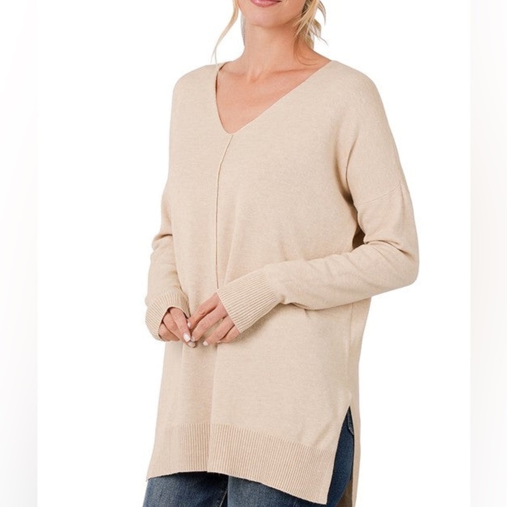 Zenana Tan Lightweight V-Neck Sweater – Size Large